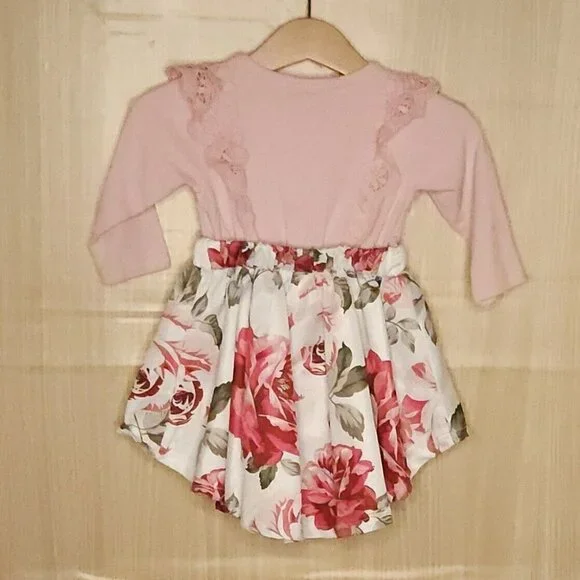 Baby Girls Pink Floral Mixed Material Dress 7-12 Months - Picture 2 of 8